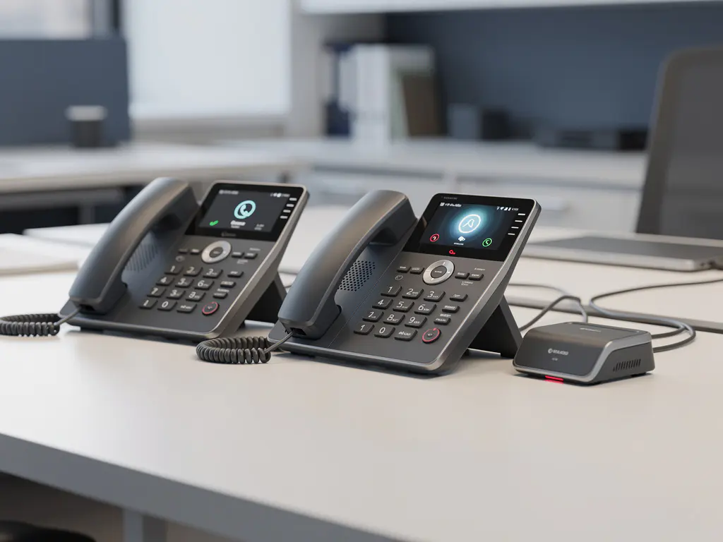 Twee zakelijke bureautelefoons op een modern kantoorbureau, waarbij een gesprek wordt doorgeschakeld naar een tweede toestel.