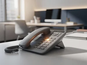 Modern kantoortelefoon met verlichte transferknop op bureau, collega's werkplek zichtbaar op achtergrond in open kantooromgeving.