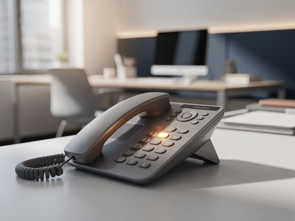 Modern kantoortelefoon met verlichte transferknop op bureau, collega's werkplek zichtbaar op achtergrond in open kantooromgeving.