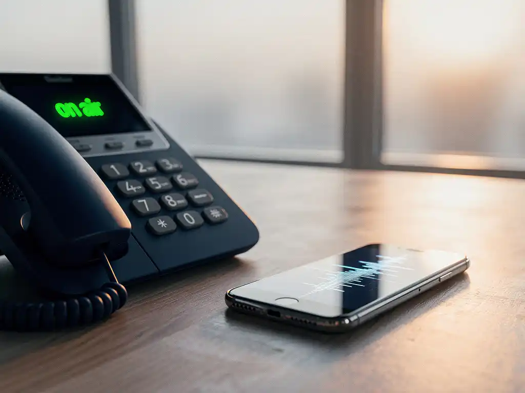 Kantoortelefoon met groen 'on-air' lampje naast smartphone met geluidsgolfweergave op modern bureau.