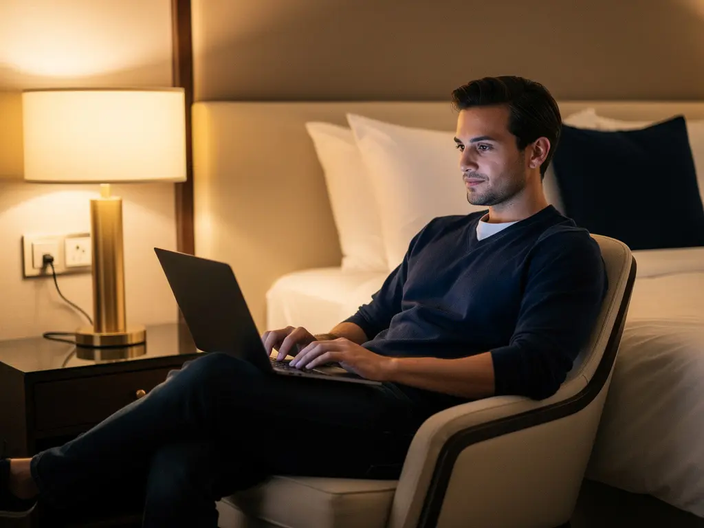 Hotelgast streamt op laptop in luxe hotelkamer met zachte gouden verlichting, wit linnengoed en diepblauwe accenten.