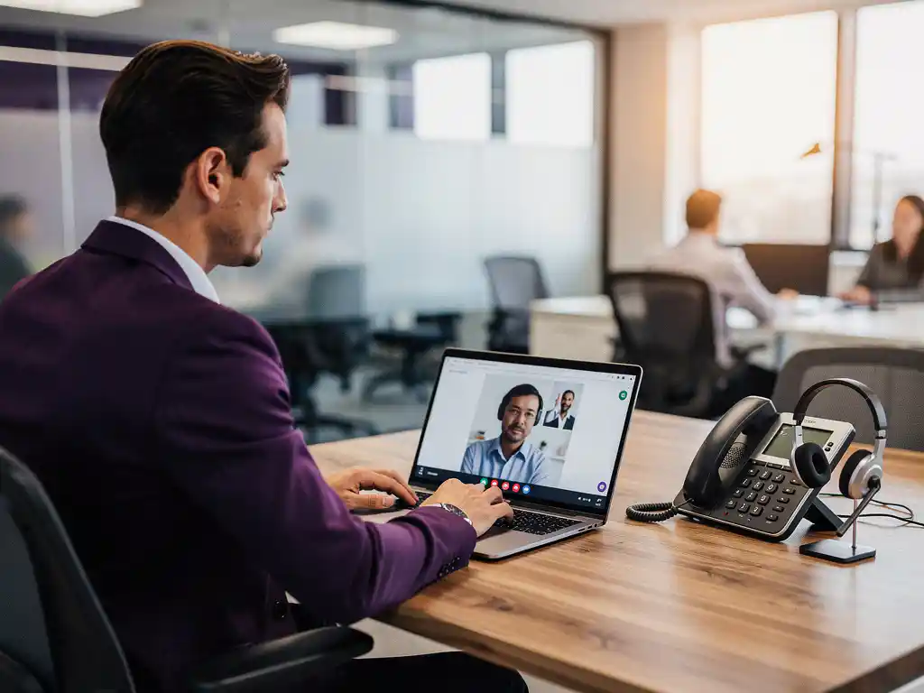 Professional aan modern bureau voert videogesprek via Microsoft Teams op laptop, met bureautelefoon en draadloze headset in open kantooromgeving.