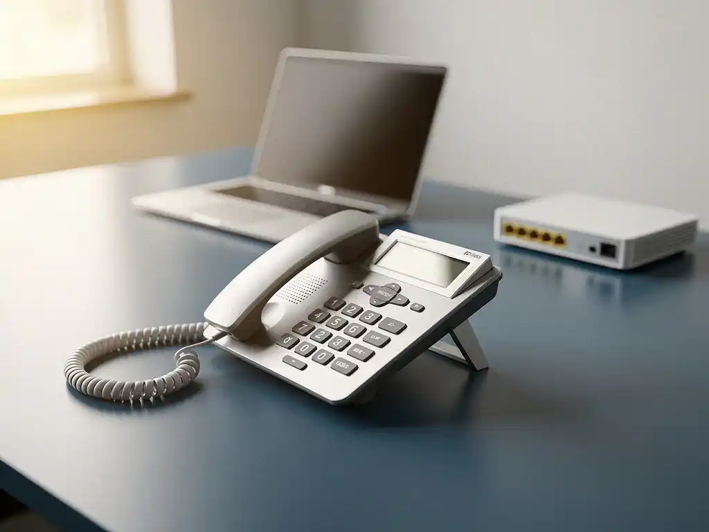 Moderne IP-desktelefoon met kabelaansluitingen op kantoorbureau, laptop en netwerkrouter op de achtergrond.