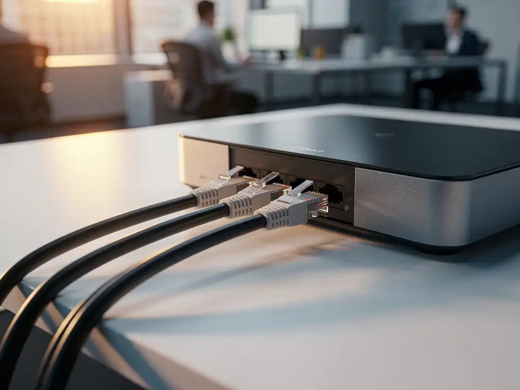 Moderne kantoorrouter met ethernetkabels op wit bureau, verlicht door warm goudkleurig raamlicht in open kantooromgeving.