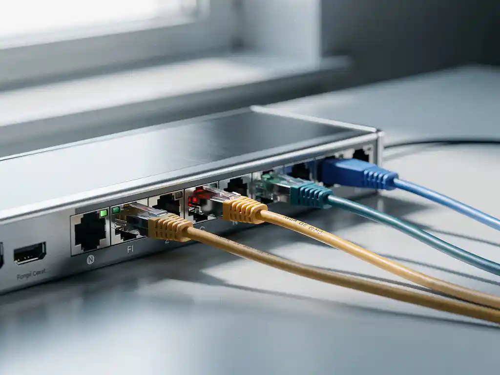 Vijf gekleurde ethernetkabels aangesloten op een netwerkswitch op een modern kantoorbureau, zachte natuurlijke belichting.