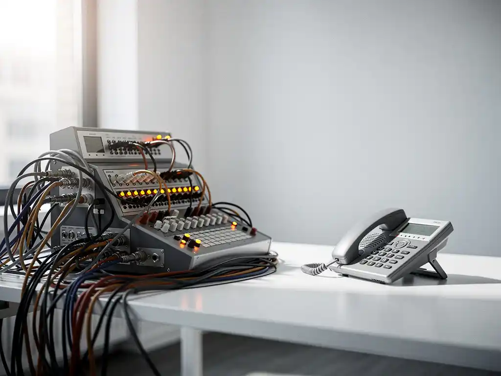 Verouderd PBX-telefooncentrale met verwarde kabels naast een modern IP-desktoestel op een zakelijk bureau.