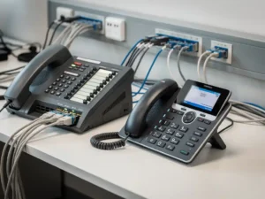 Verouderde telefooncentrale naast een moderne VoIP-bureautelefoon op een zakelijk bureau, met netjes georganiseerde ethernetkabels.