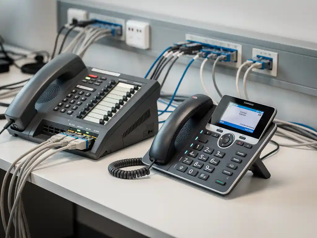 Verouderde telefooncentrale naast een moderne VoIP-bureautelefoon op een zakelijk bureau, met netjes georganiseerde ethernetkabels.