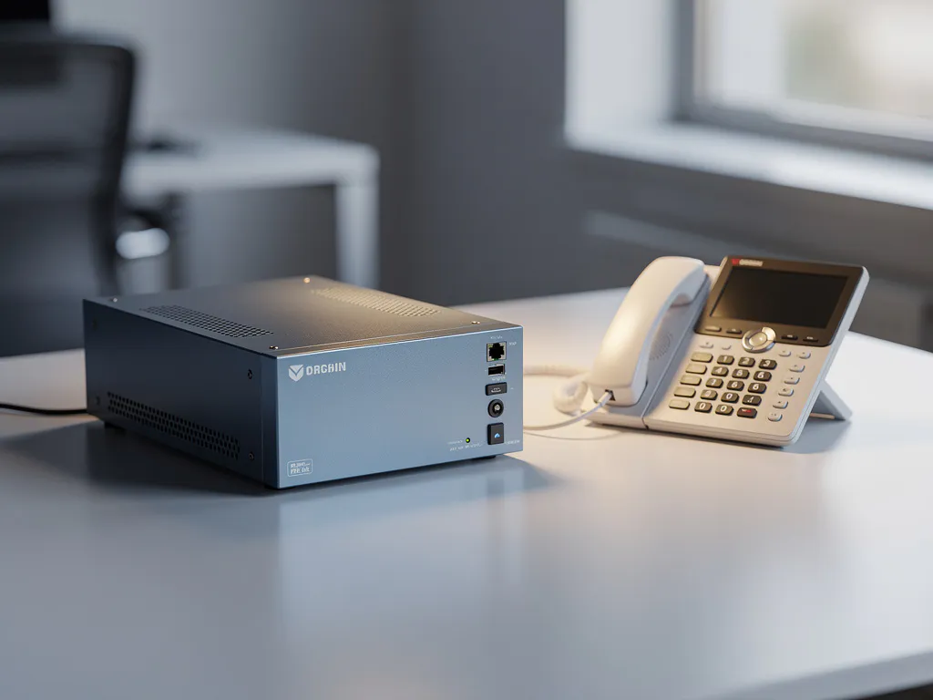 Compact PBX-server naast een IP-desktelefoon verbonden via ethernetkabel op een modern kantoorbureau met natuurlijk zijlicht.