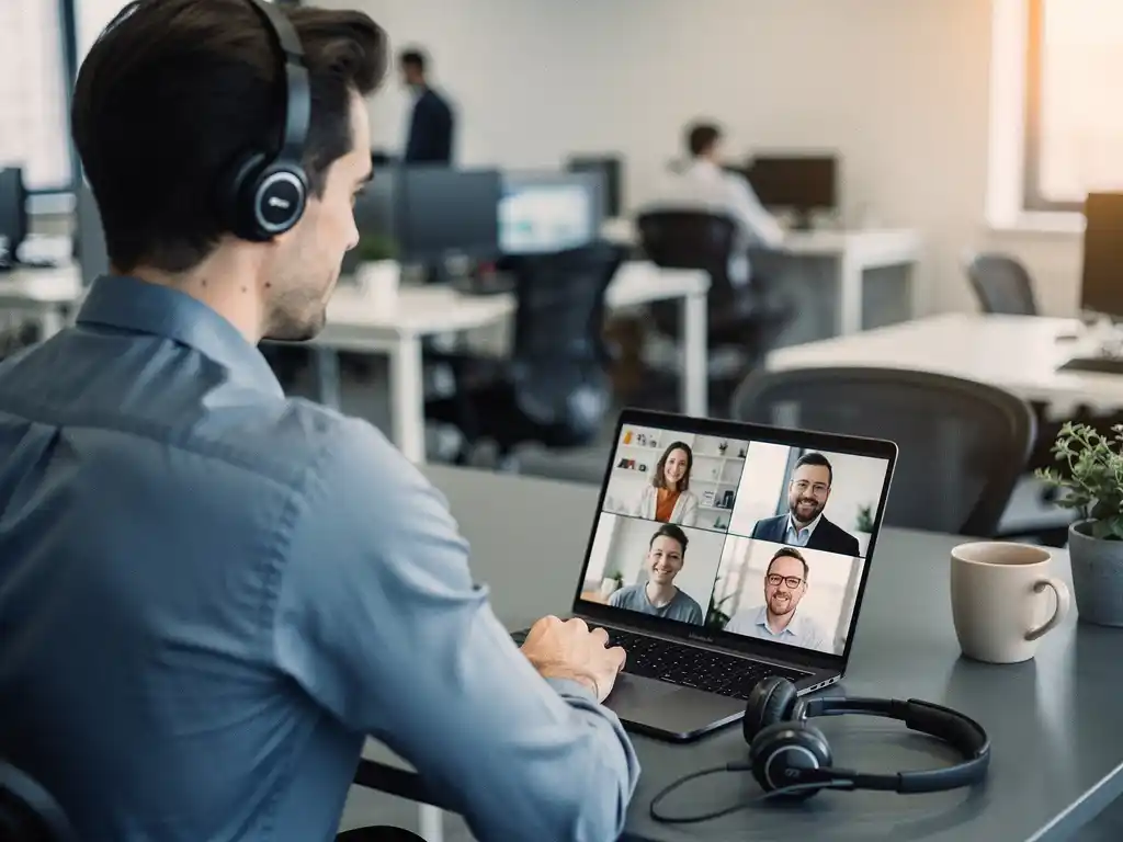 Professional aan modern bureau met laptop waarop videovergadering loopt en USB-headset, open kantoor op de achtergrond.