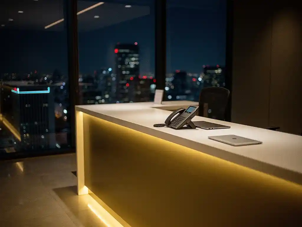 Verlaten receptiebalie 's nachts met telefoon en laptop, warme gouden verlichting en stadslichten door vloerhoge ramen op de achtergrond.