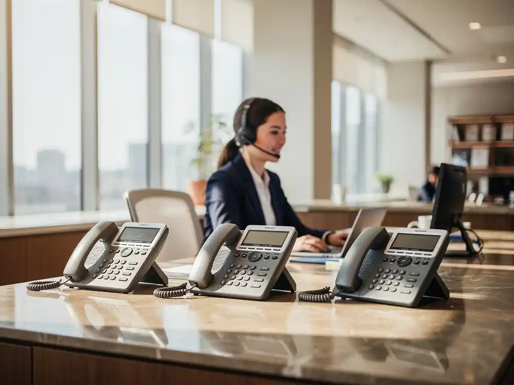 Medewerker met headset aan moderne receptiebalie met drie telefoons voor gelijktijdige gespreksafhandeling.