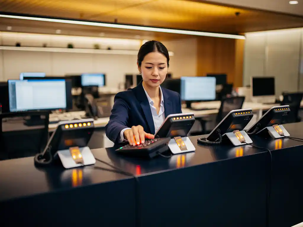 Rustige receptionist die een bureautelefoon opneemt tussen meerdere rinkelde lijnen, amber indicatielampjes op de console, modern kantoor op de achtergrond.