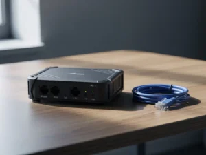 Ruggedized 4G LTE-router met antennepoorten en indicatielampjes op modern bureauoppervlak, naast een opgerolde ethernetkabel.