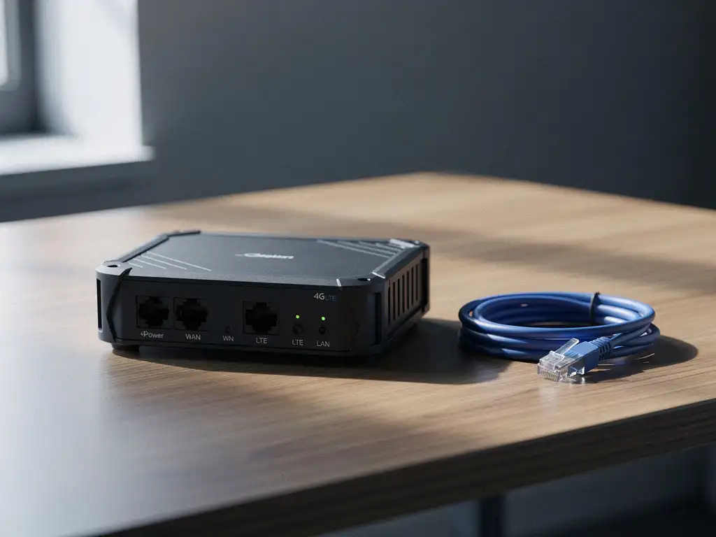 Ruggedized 4G LTE-router met antennepoorten en indicatielampjes op modern bureauoppervlak, naast een opgerolde ethernetkabel.