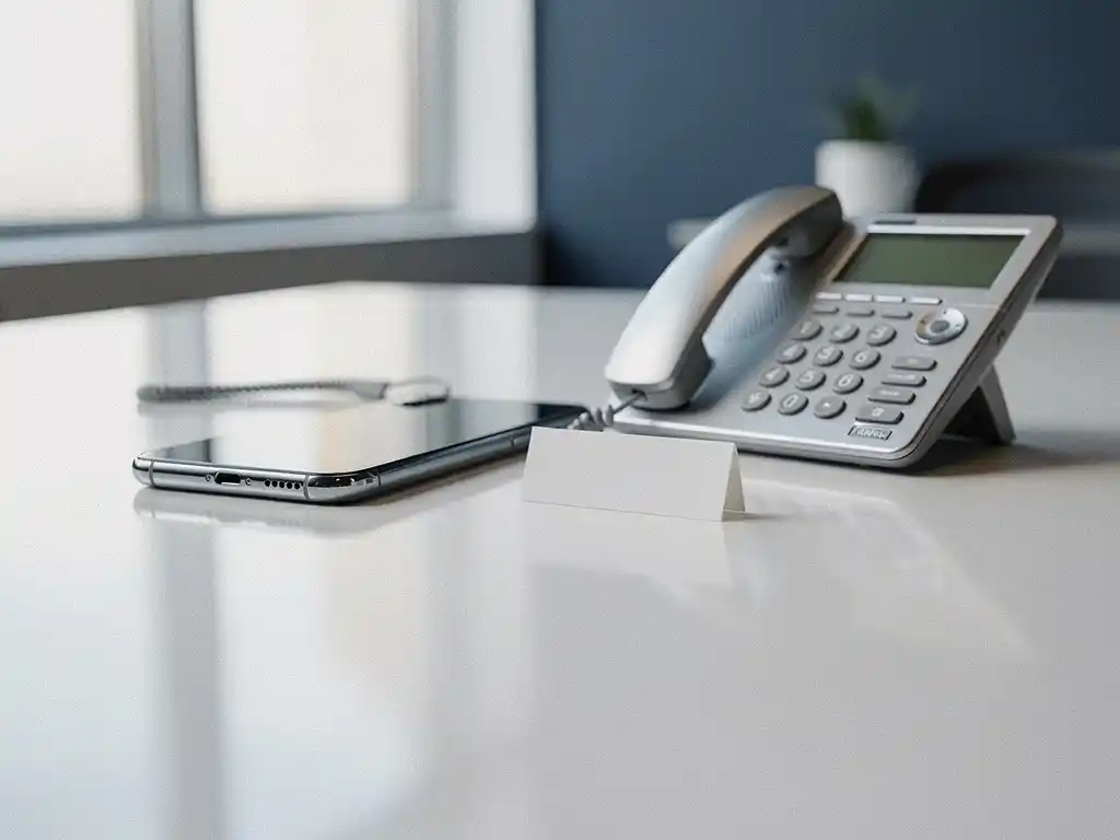 Smartphone en bureautelefoon naast elkaar op een zakelijk bureau met prijskaartje, symboliserend kostenafweging voor zakelijke telefonie.