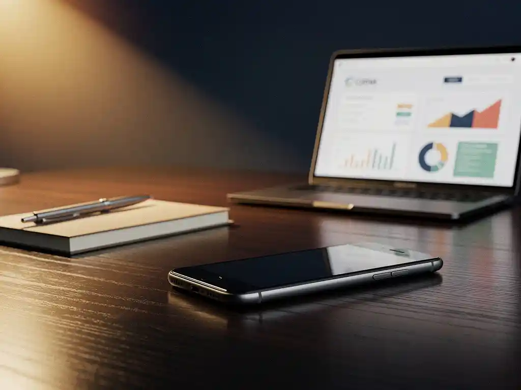 Smartphone op donker bureau naast laptop met CRM-dashboard en notitieboekje, verlicht door warm goudkleurig licht.