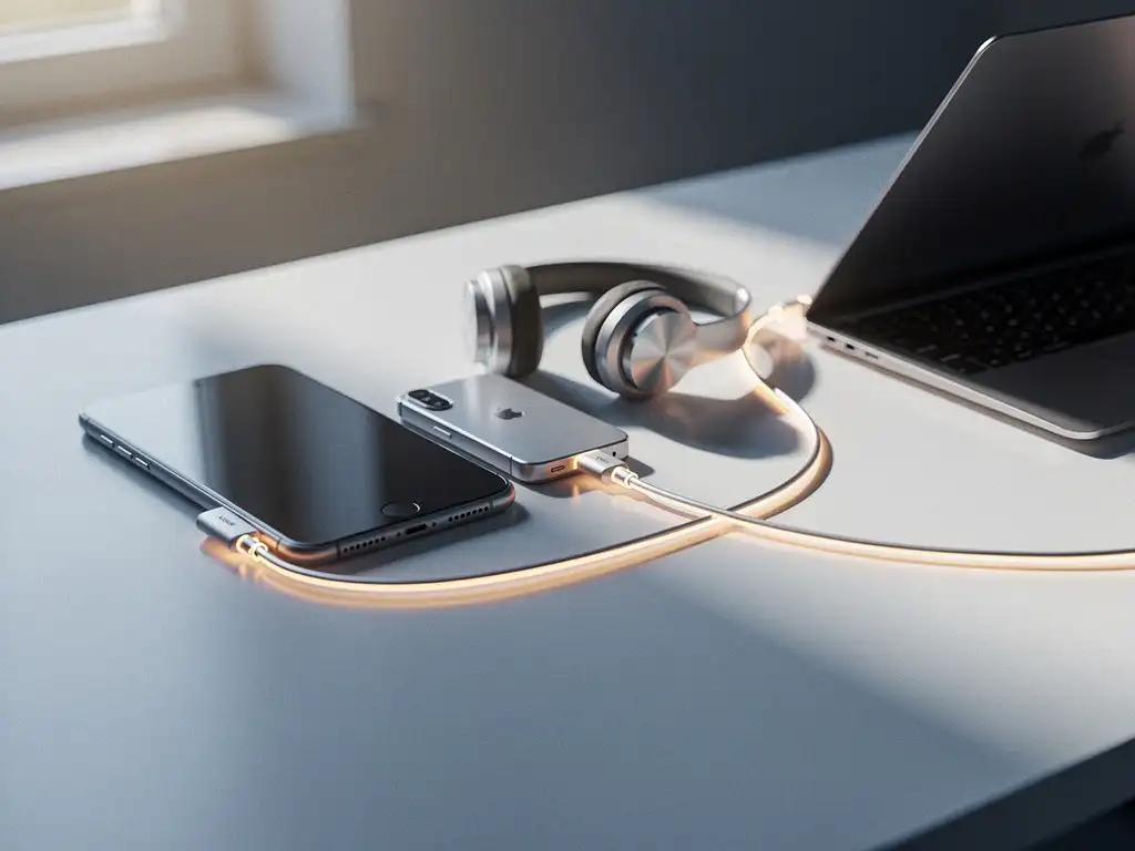 Smartphone, draadloze headset en laptop op modern bureau verbonden door één verlichte kabel, warm natuurlijk zijlicht.