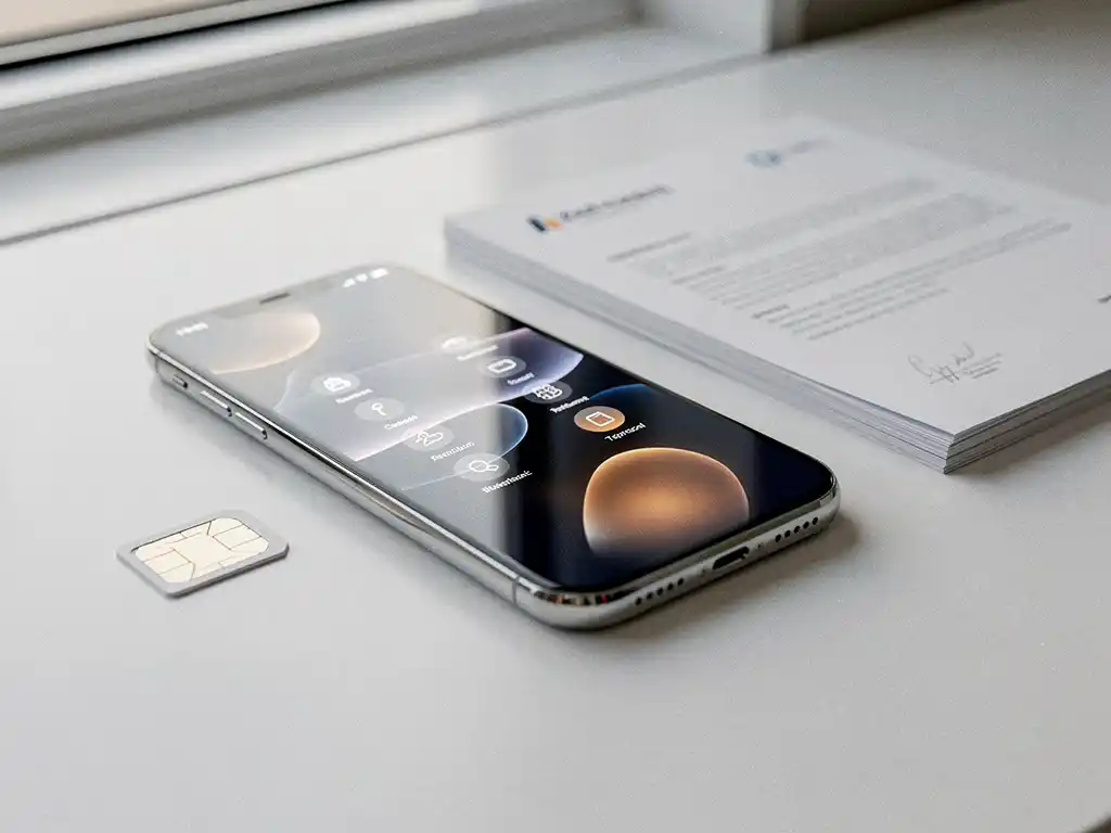 Smartphone met contactenlijst op wit bureau naast een simkaart en zakelijke documenten, symboliserend een professionele nummeroverdracht.