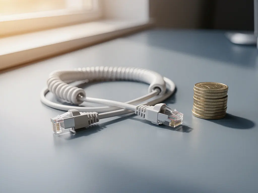 Gebundelde kabel die splitst in telefoonkabel en ethernetlijn op modern bureau, met euromuntjes voor internetbundel besparing.