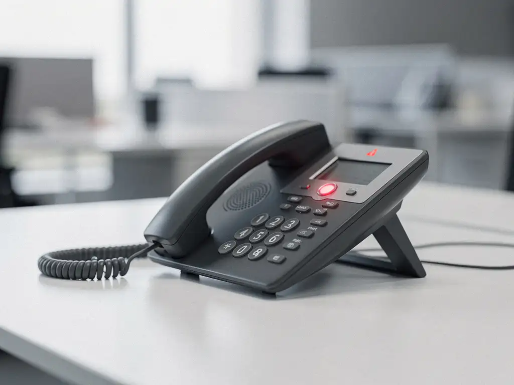 Losliggende telefooonhoorn naast IP-telefoonstation met rood waarschuwingslampje op kantoorwerkplek.