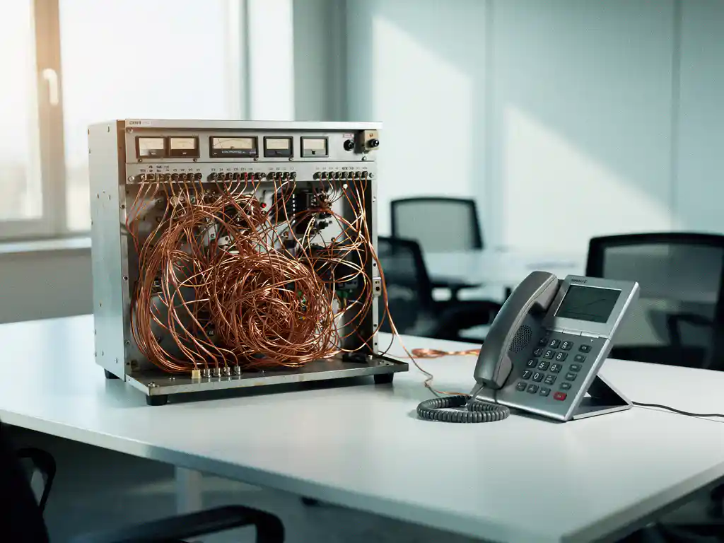 Vintage analoog PBX-telefooncentrale met koperen bedrading naast een moderne IP-desktelefoon op kantoorbureau.