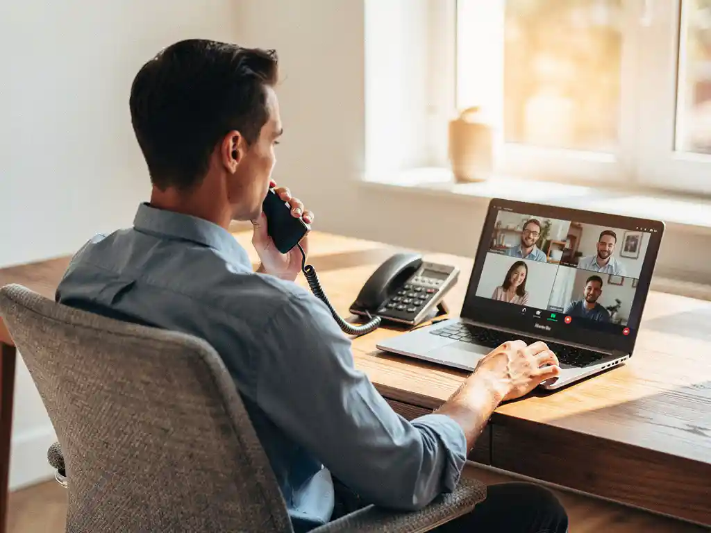 Professional aan houten bureau belt via deskphone gekoppeld aan laptop met videovergadering, warm natuurlijk licht, thuiskantoor.