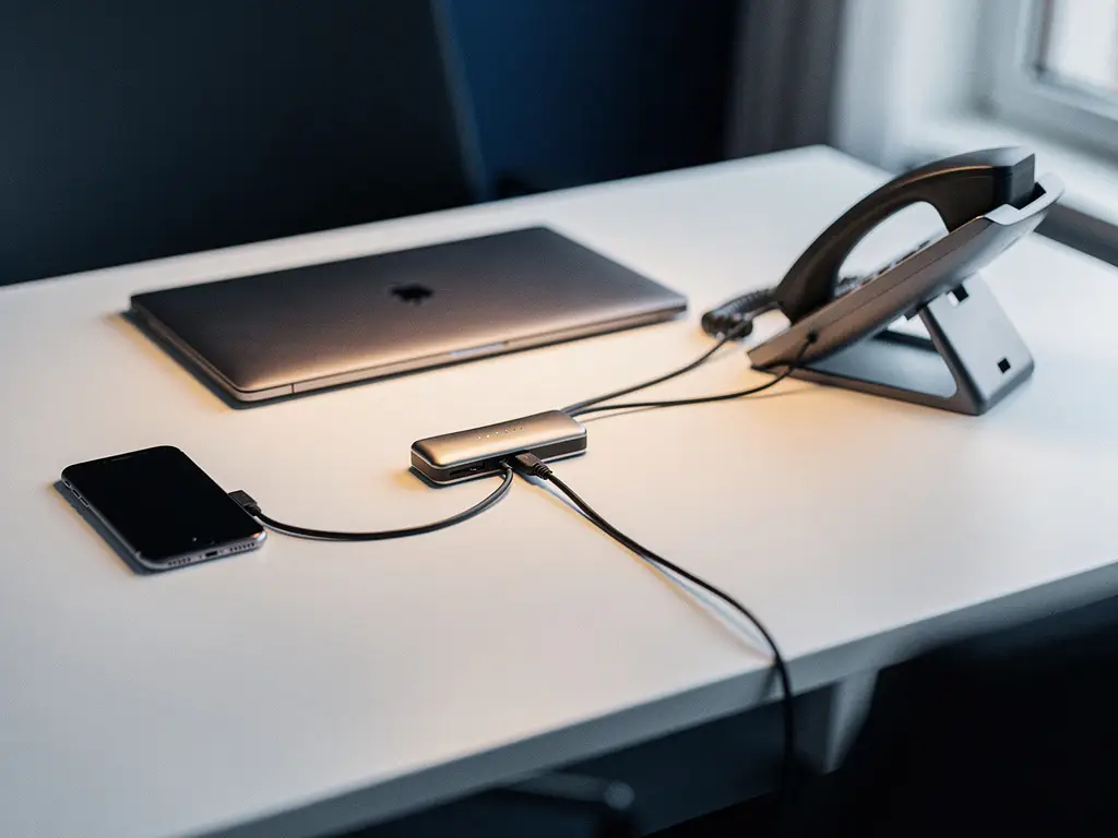 Smartphone, laptop en bureautelefoon verbonden via één kabel op een modern bureau, symbool voor unified communication.