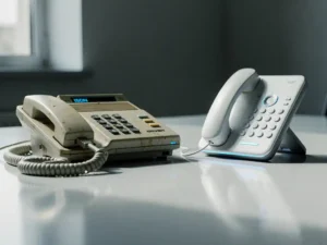 Vintage ISDN-bureautelefoon naast een moderne VoIP-handset op een zakelijk bureau, zacht natuurlijk licht, grijze en witte tinten.