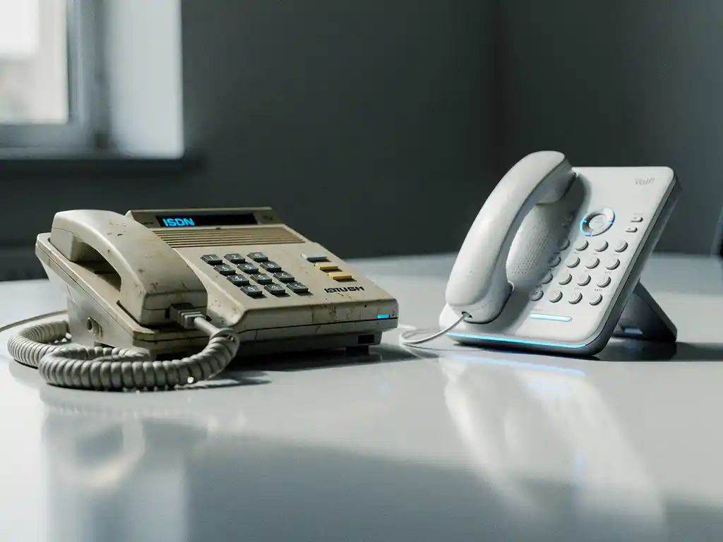 Vintage ISDN-bureautelefoon naast een moderne VoIP-handset op een zakelijk bureau, zacht natuurlijk licht, grijze en witte tinten.