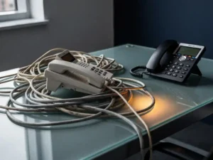 Verouderde bureautelefoon met verstrengelde kabels op glazen bureau naast een modern IP-toestel, symbolisch voor VoIP-migratie.