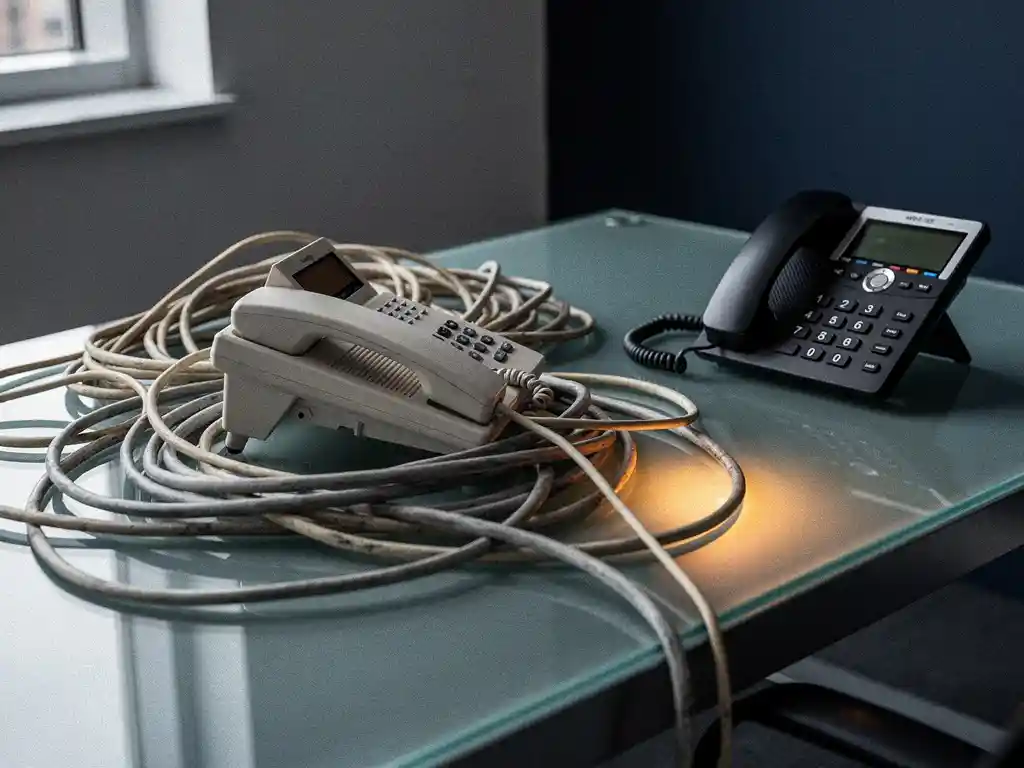 Verouderde bureautelefoon met verstrengelde kabels op glazen bureau naast een modern IP-toestel, symbolisch voor VoIP-migratie.