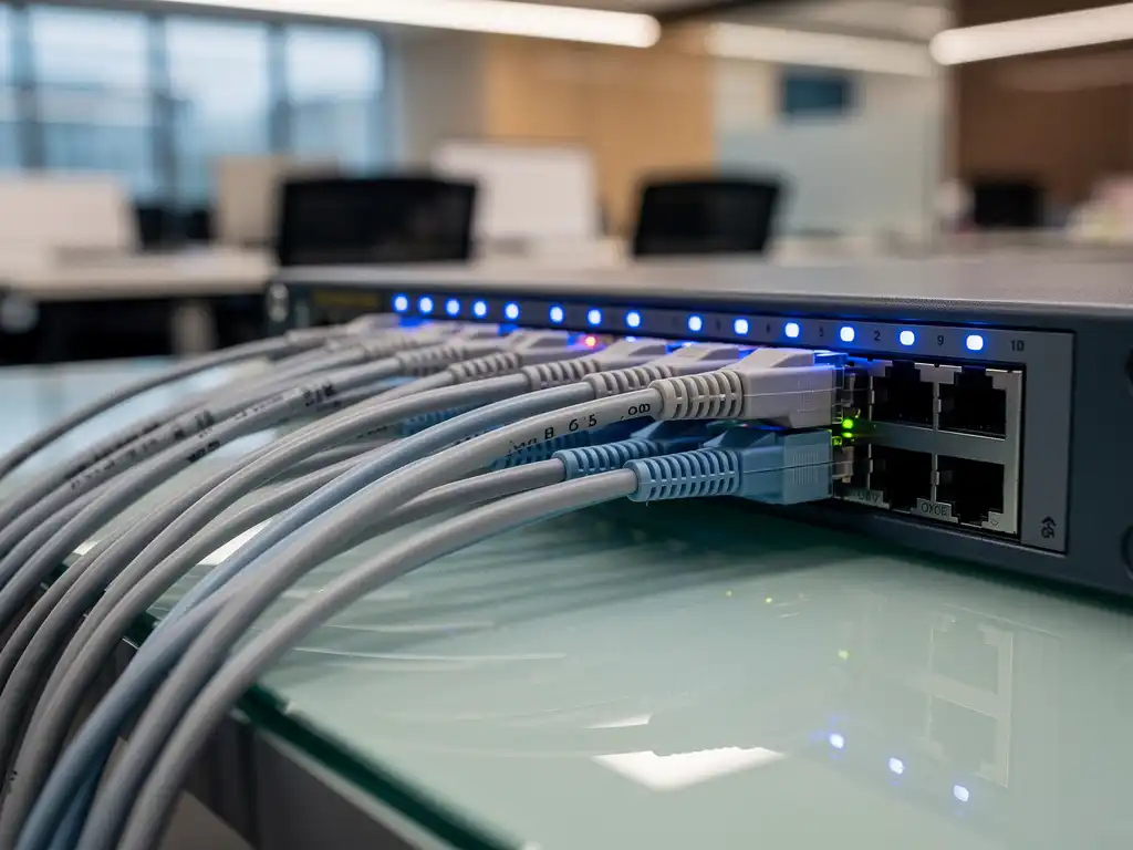 Glasvezelkabels aangesloten op een enterprise netwerkswitch op glazen bureau, met blauwe indicatielampjes en kantoromgeving op de achtergrond.