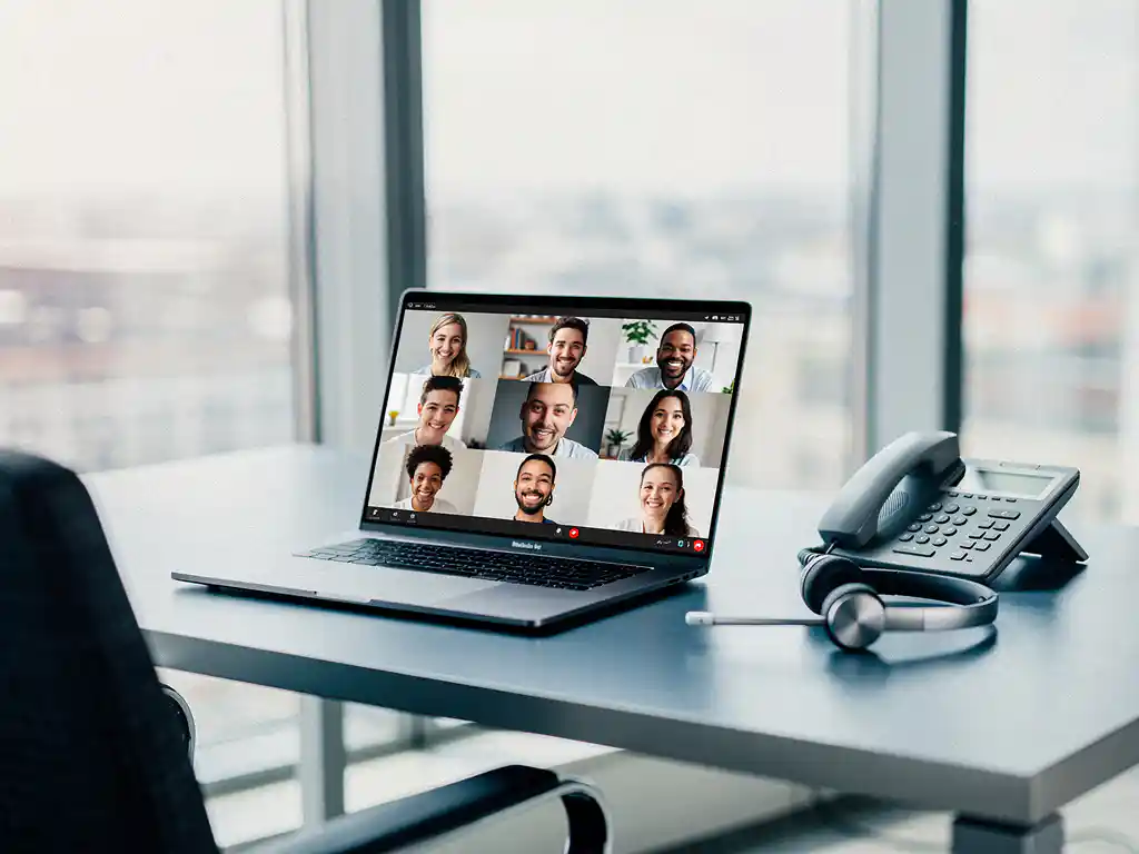 Laptop op modern kantoorbureau met videovergadering en teamleden in beeld, draadloze headset en bureautelefoon ernaast, daglicht door raam.