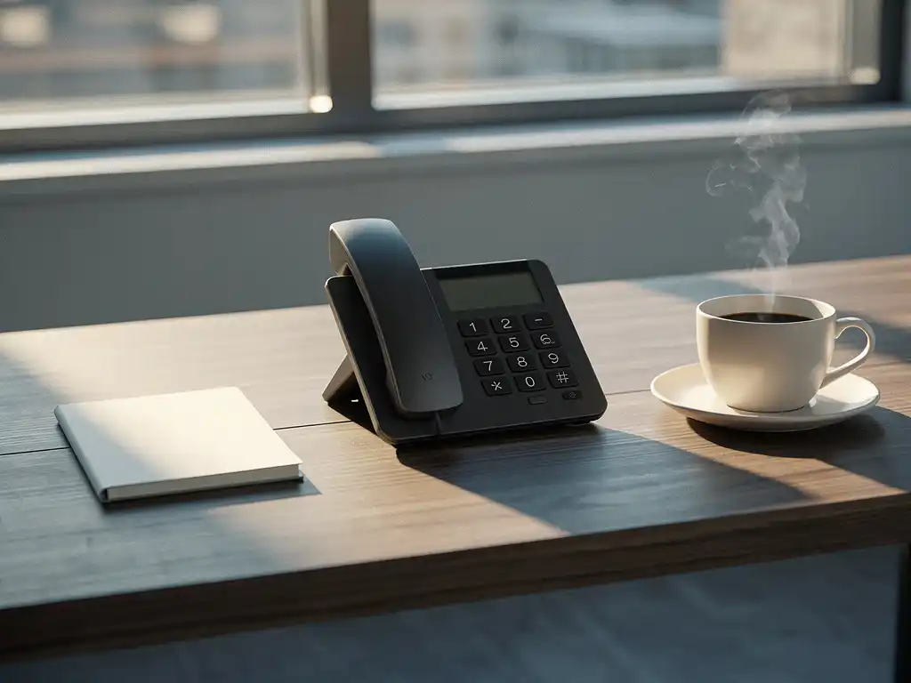 VoIP-bureautelefoon op houten kantoorbureau met opengeslagen notitieboekje en dampende koffie in middaglicht.