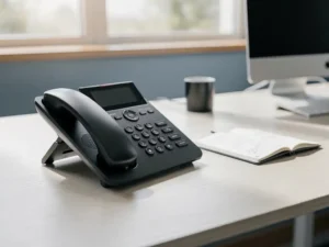 VoIP-bureautelefoon op modern kantoorbureau met opengeslagen notitieboek met kostenberekeningen, warm natuurlijk licht.