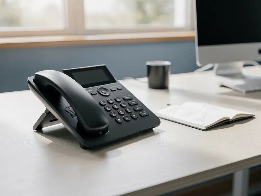 VoIP-bureautelefoon op modern kantoorbureau met opengeslagen notitieboek met kostenberekeningen, warm natuurlijk licht.