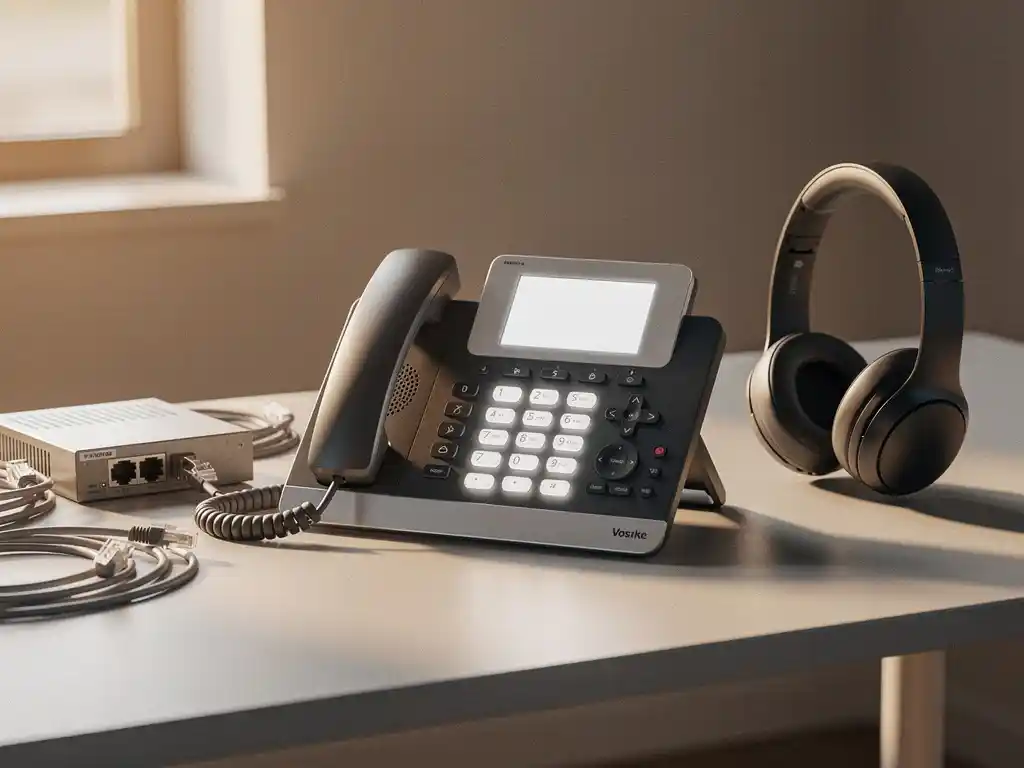VoIP-bureautelefoon met verlicht toetsenbord op modern bureau, omringd door netwerkswitch, ethernetkabels en draadloze headset.