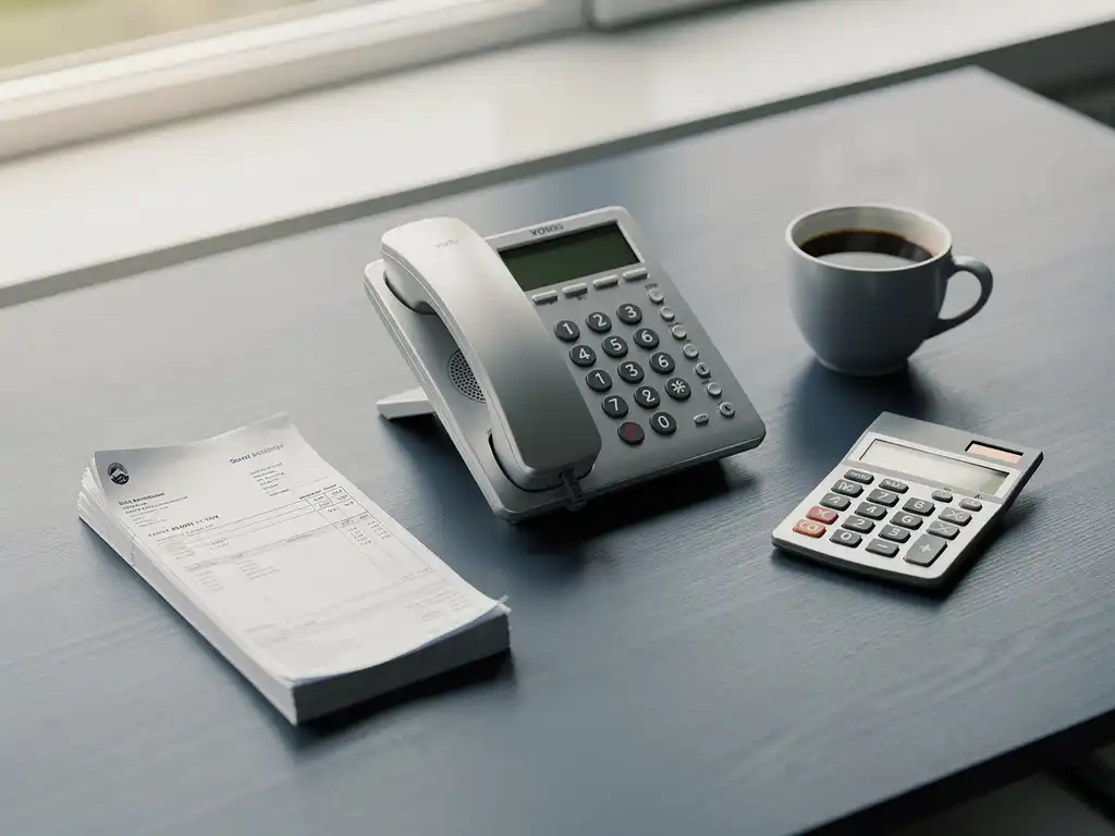 Moderne VoIP-bureautelefoon op een strak kantoorbureau met een maandelijkse factuur, rekenmachine en koffie.
