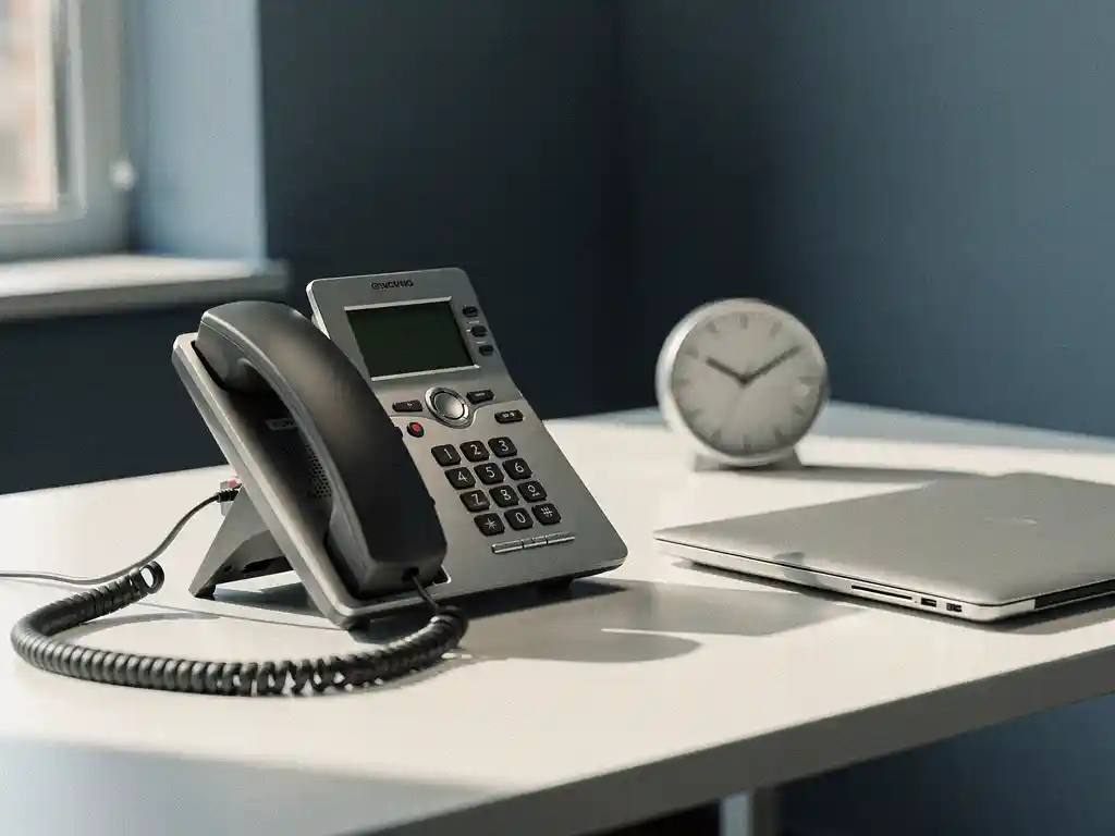VoIP-bureautelefoon half losgekoppeld van traditionele telefoonaansluiting op zakelijk bureau met laptop en analoge klok.
