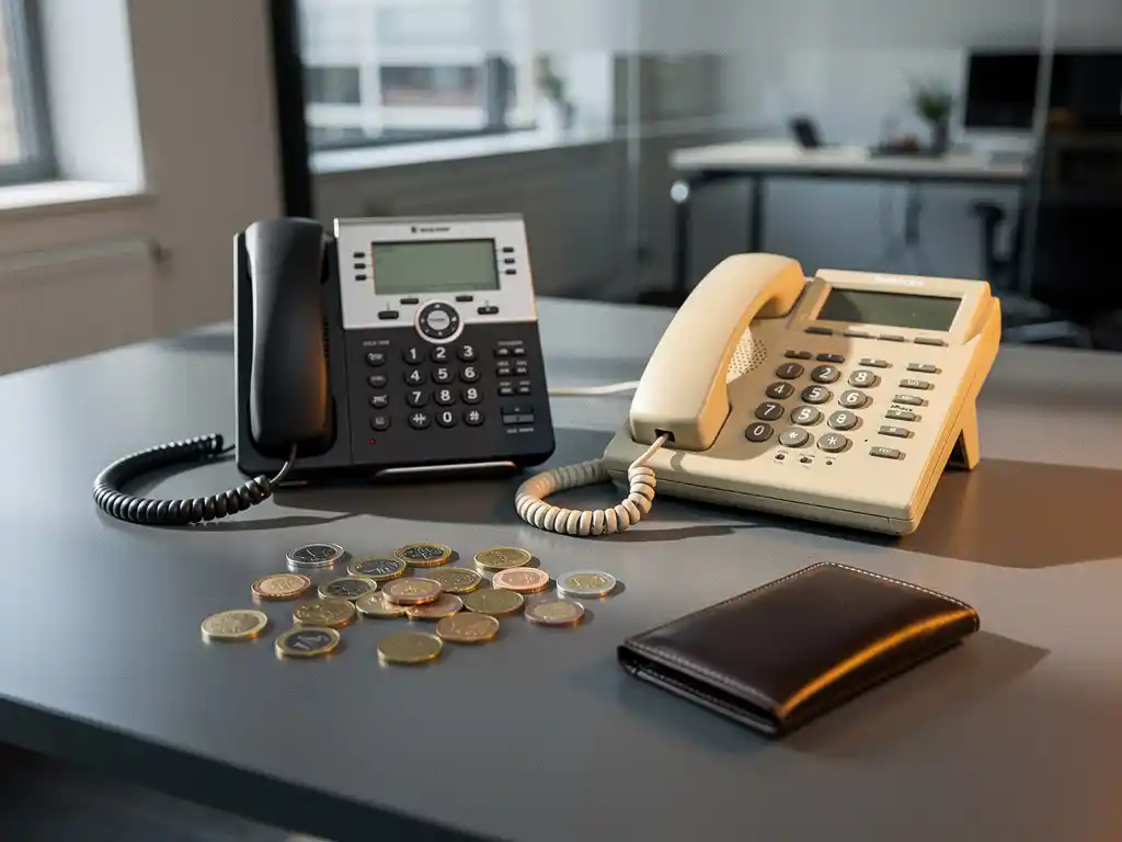 Moderne VoIP-telefoon naast verouderde vaste telefoon op kantoorbureau, met euromunten en portemonnee erbij.