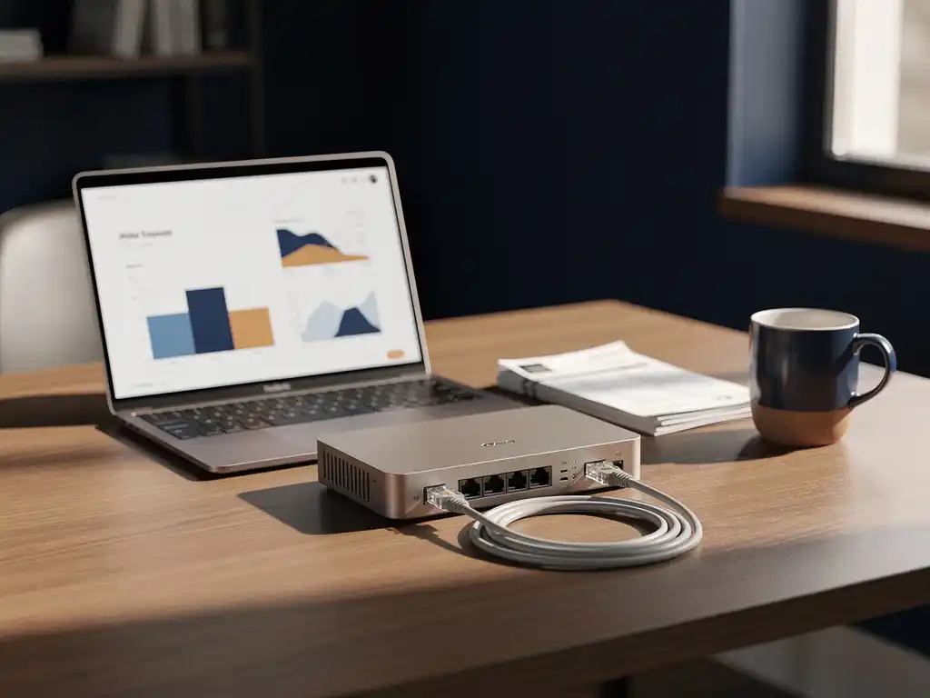 Router en ethernetkabel op een opgeruimd kantoorbureau met laptop, facturen en koffiemok in warm natuurlijk licht.