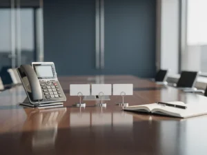 Zakelijk IP-telefoon op vergadertafel met prijskaartjes, notitieboek en pen in modern Nederlands kantoor.