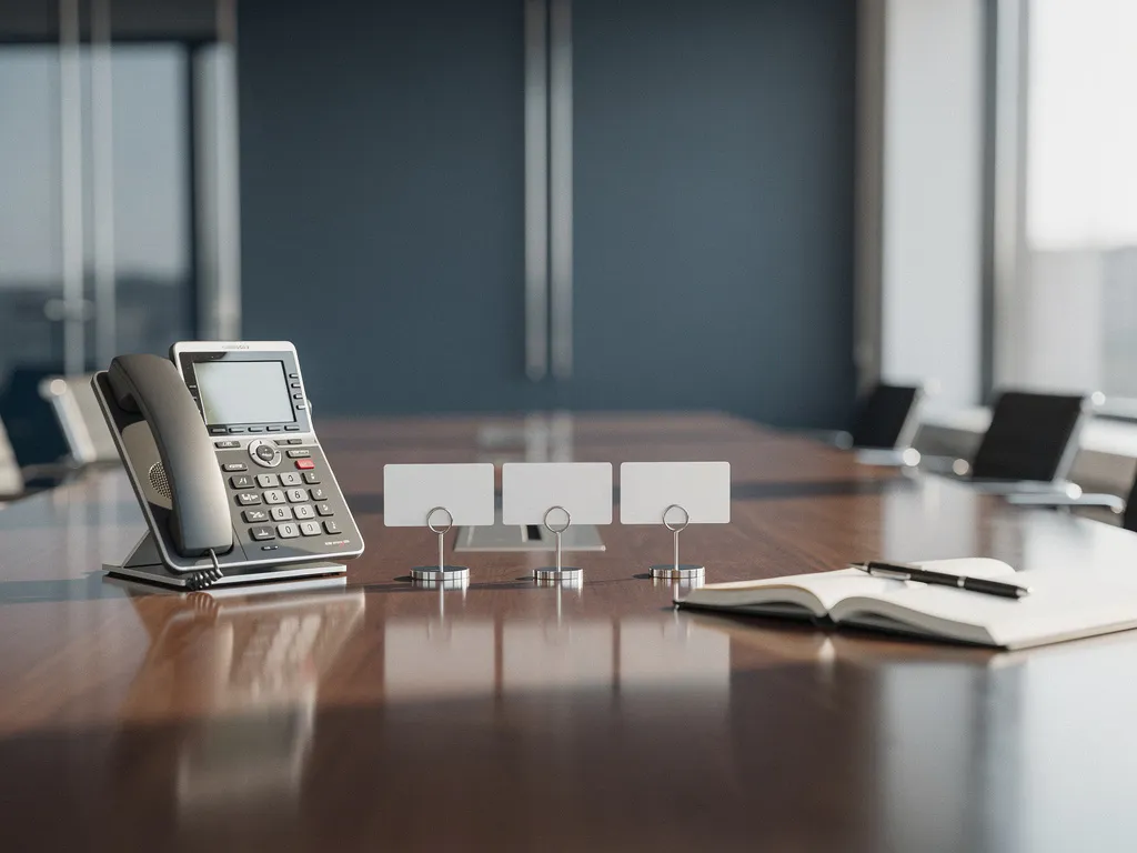 Zakelijk IP-telefoon op vergadertafel met prijskaartjes, notitieboek en pen in modern Nederlands kantoor.