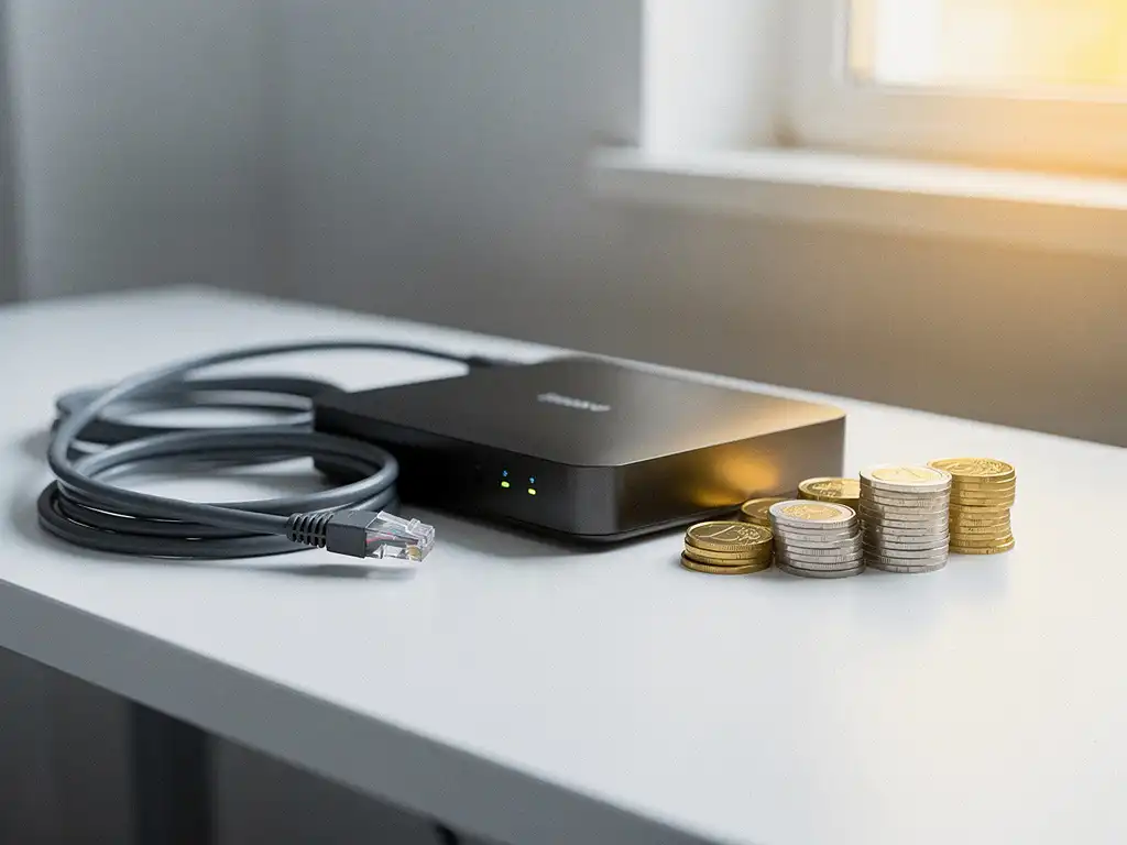 Zakelijke router met opgerolde ethernetkabel en euromuntjes op modern wit bureau, symboliseert kostenbesparingen op internetverbinding.