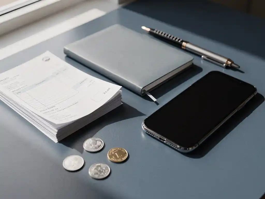 Zakelijke smartphone naast een stapel facturen, pen en notitieboekje op modern bureau met munten die kostenreductie symboliseren.