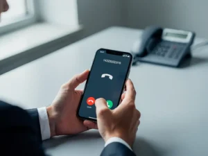 Zakenman houdt smartphone vast met inkomend gesprek van kantoortelefoon, modern bureau op de achtergrond, natuurlijk daglicht.