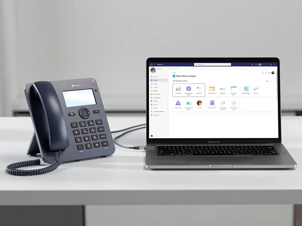 Zakelijke bureautelefoon naast laptop met Microsoft 365 op modern kantoorbureau, verbonden via ethernetkabel.
