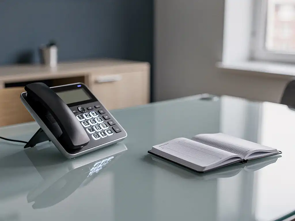 Moderne bureautelefoon met verlicht toetsenpaneel naast notitieboekje met maandelijkse kostenberekeningen op glazen bureau.
