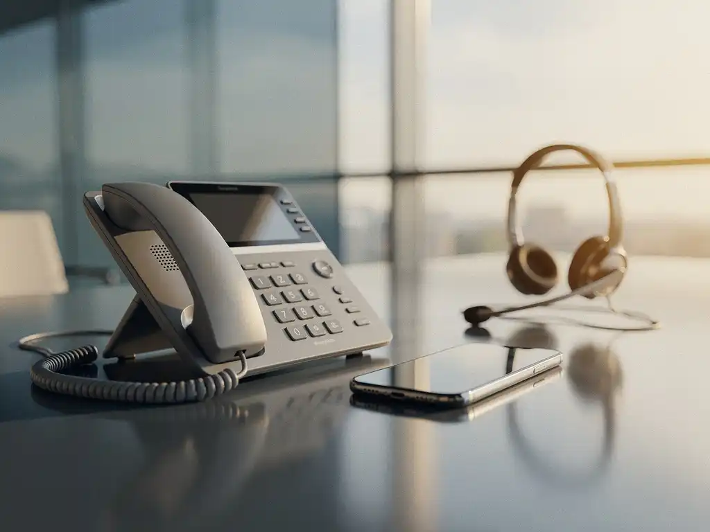Bureautelefoon en smartphone naast elkaar op modern kantoorbureau, met headset en zacht natuurlijk licht door glazen raam.